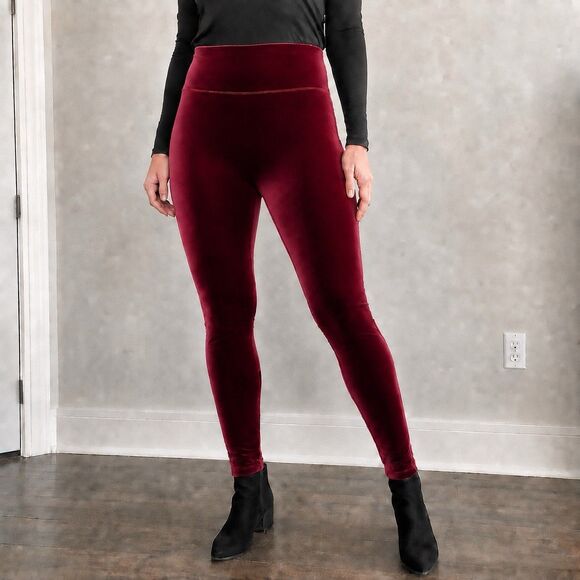 SPANX Pants - SPANX Ready-To-Wow Velvet Leggings Women L Rich Burgundy High Rise 2070